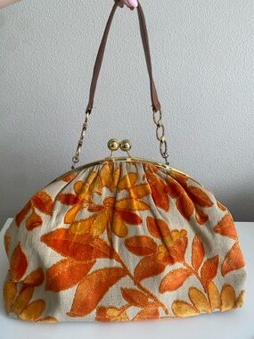 Glenda Gies Orange Floral Velvet Frame Clutch with Gold Accent
